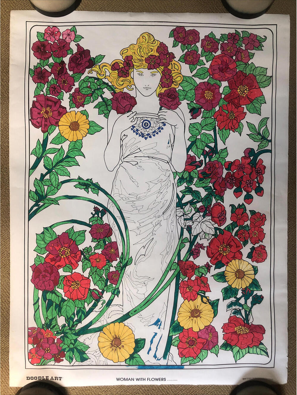 Woman With Flowers Vintage Poster 1983 Rainbow Art Floral Design Marker Housman